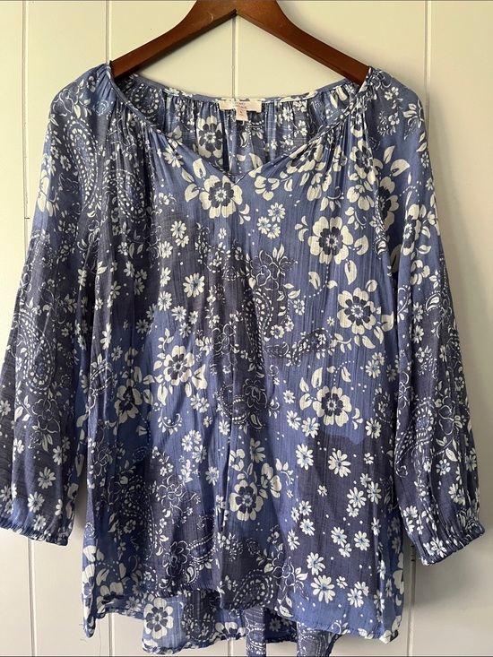 Tops - Floral Peasant Blouse - Blue/White